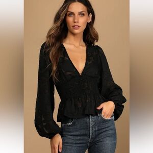Lulu’s Patio Date Black Floral Jacquard Button-Up Long Sleeve Top